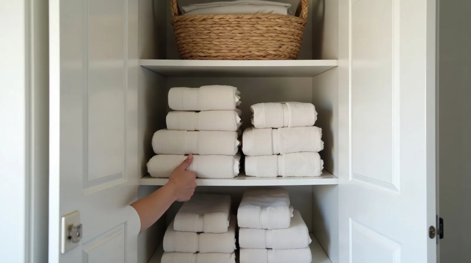 A hallway linen closet with open doors showing folded towels in matching neutral tones stacked on middle shelves, woven baskets on the top shelf, and a hand adjusting a folded stack at eye level