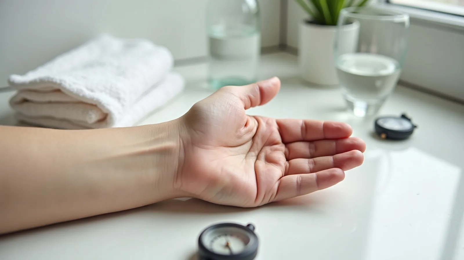 Two fingertips pressed against the inside of a wrist on a pale kitchen counter beside a small stopwatch, a glass of water and a folded cotton towel