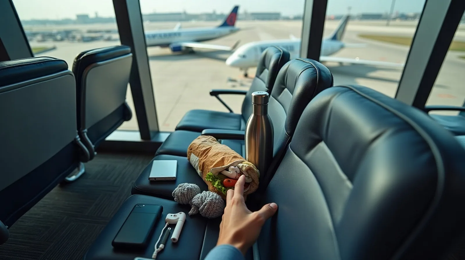 A traveler's hand reaching toward a wrapped sandwich, a steel water bottle, rolled socks, an earbud case and a phone laid out on airport gate seats, with parked airplanes visible through a tall glass wall
