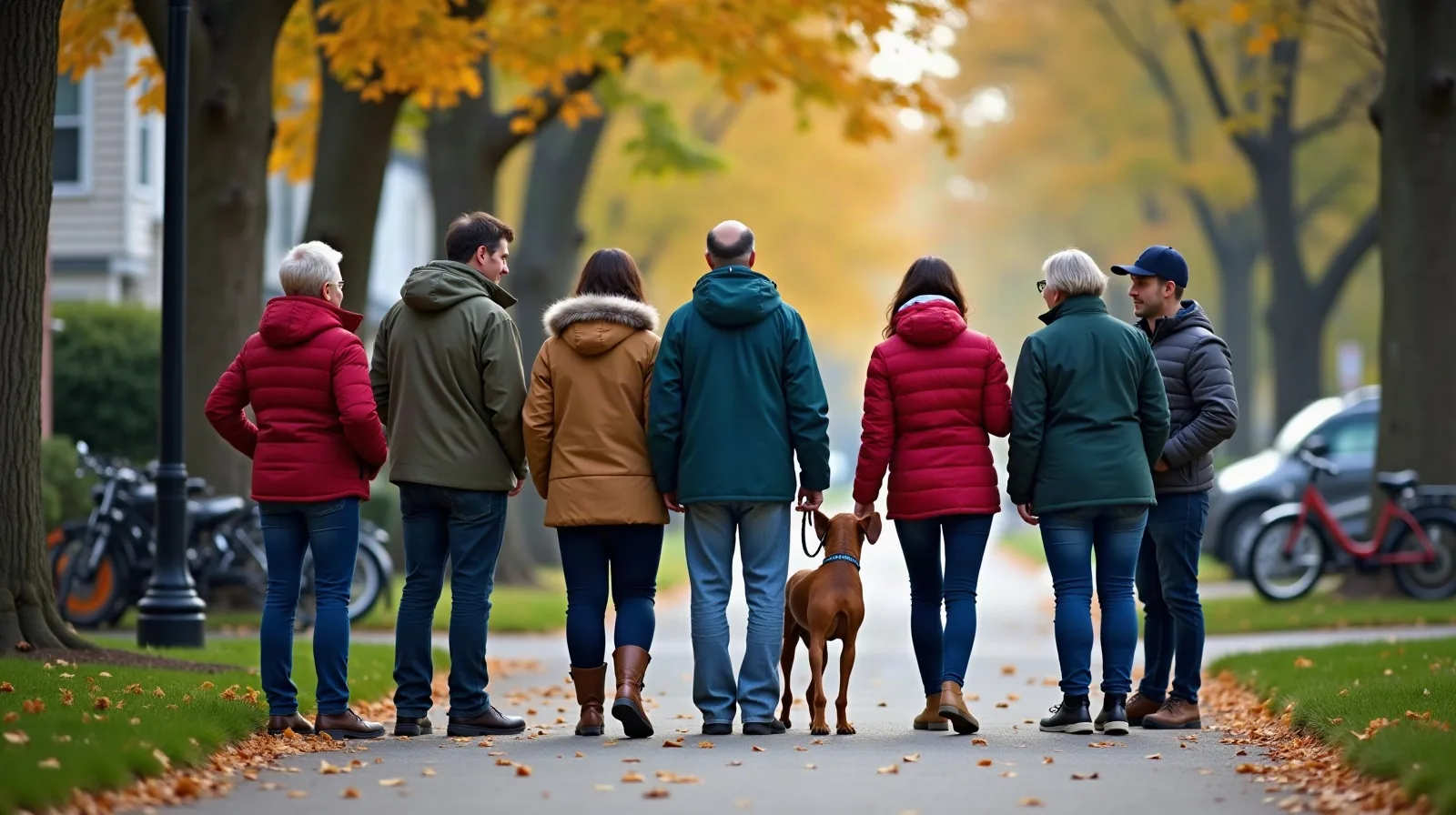 A small group of adults in layered jackets gathered on a tree-lined sidewalk before a weekend walking group, seen mostly from behind in conversation, one crouching to greet a friendly leashed dog