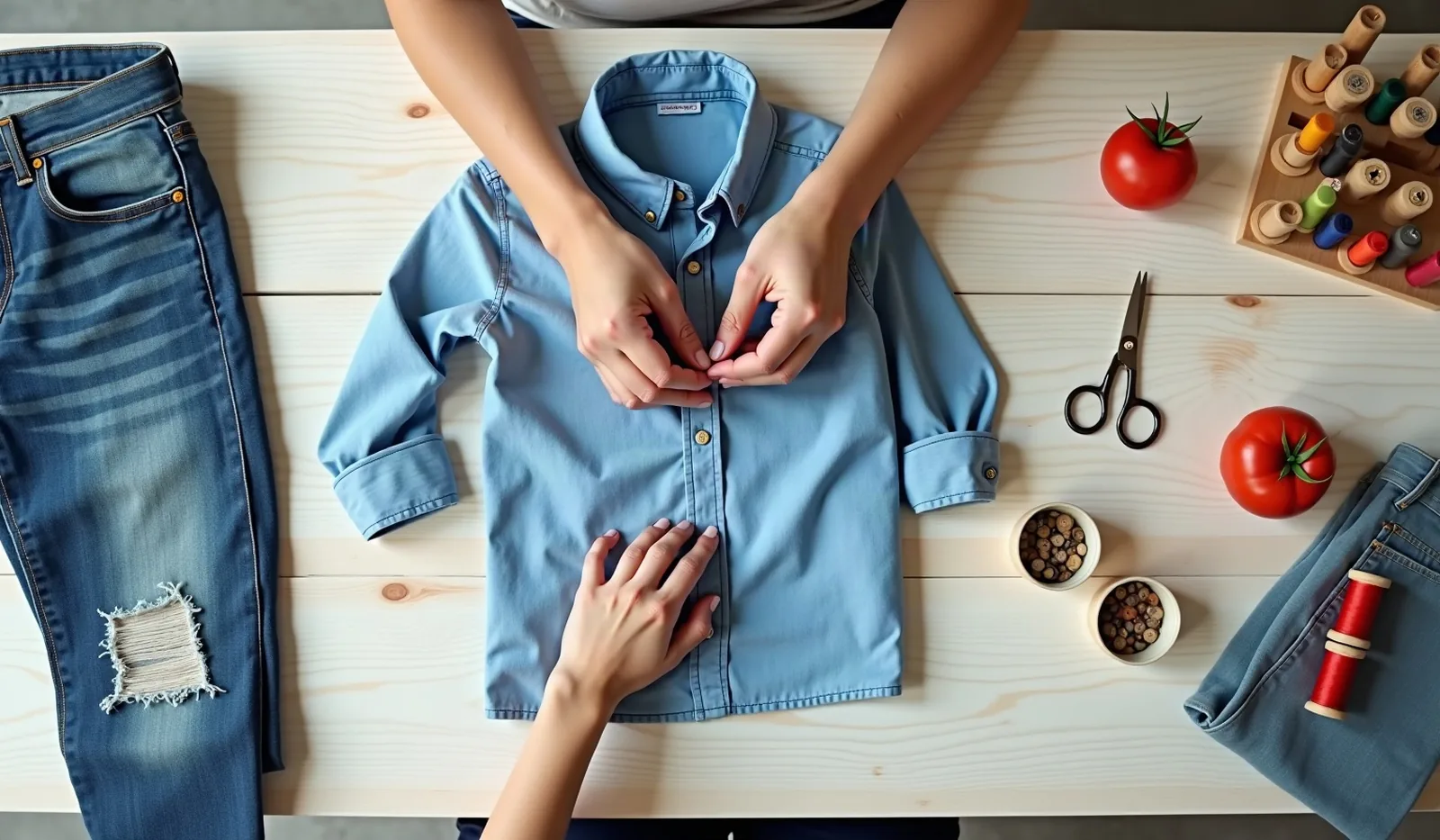 Overhead view of two people's hands sewing a button onto a light blue chambray shirt laid flat on a pale wooden table, with a spool rack of thread, small scissors, bowls of spare buttons and jeans with a patched knee around it