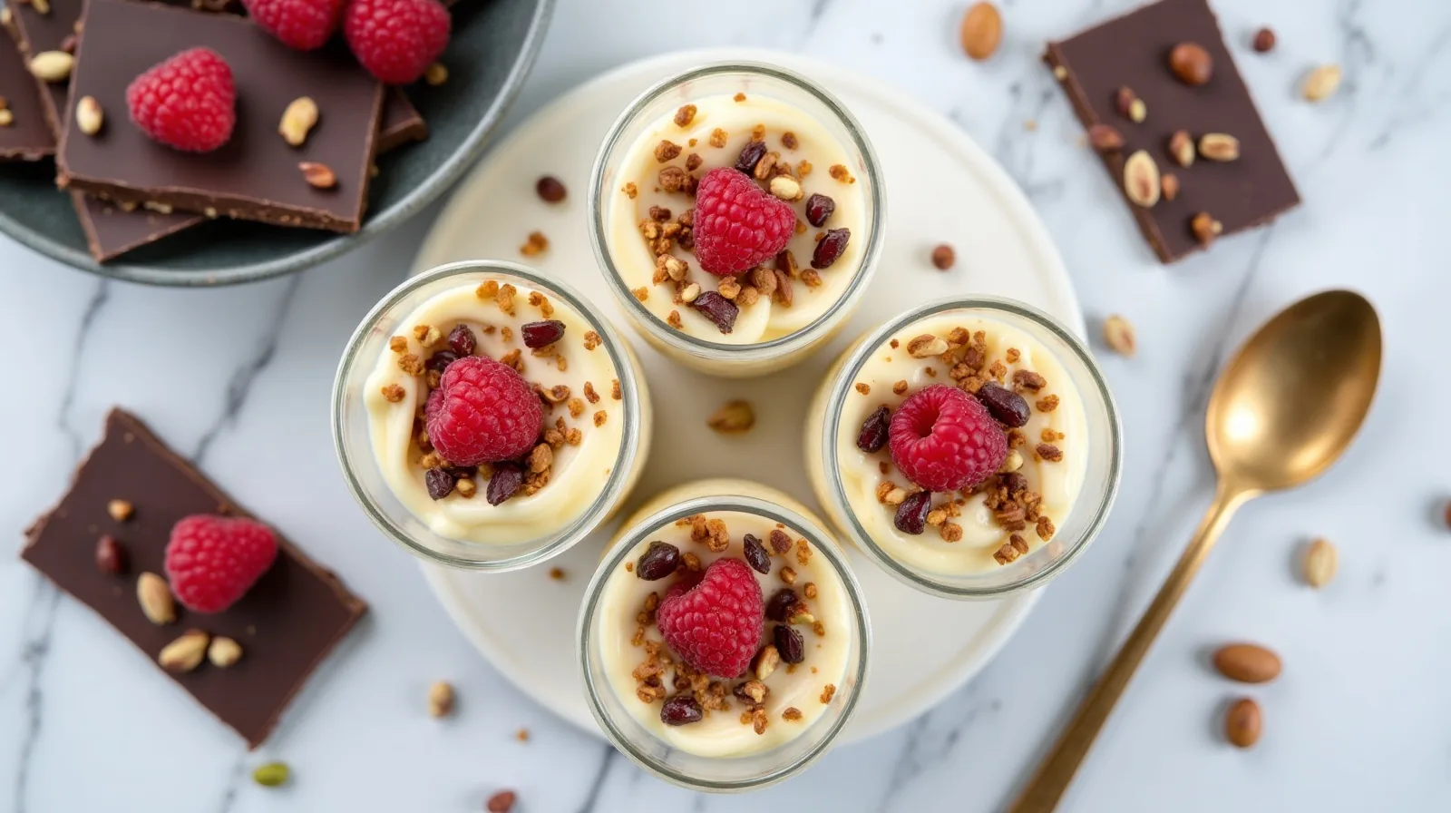 Overhead view of no-bake cheesecake cups in clear glasses, chocolate bark with pistachios and dried cherries, and raspberries on a marble counter