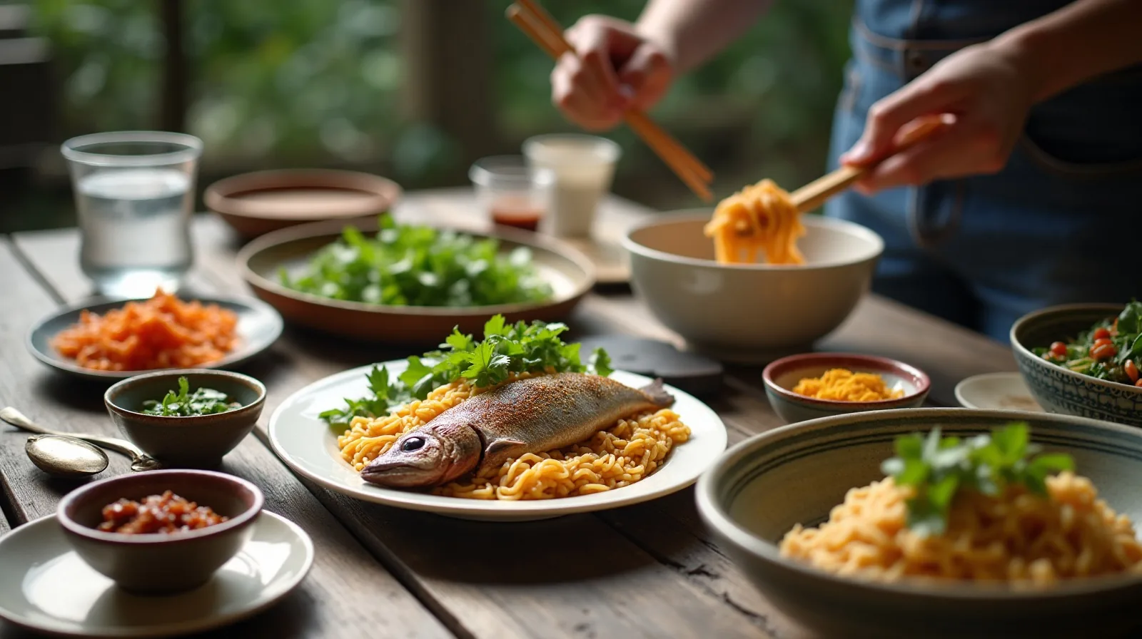 An outdoor table crowded with cold dishes including a tinned fish plate, a large herb salad, cold noodle bowls and a sweating pitcher of water, with a pair of hands spooning noodles into a bowl