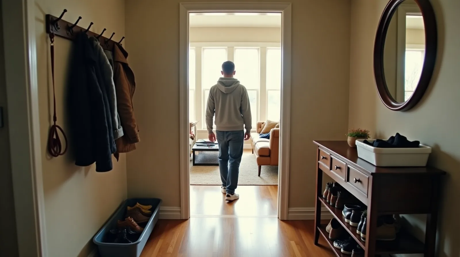 A wide view of a lived-in entryway opening onto a living room, with a shoe tray by the door, a hook rail holding coats, a mail basket on a console table and a person carrying a laundry basket through, seen from behind