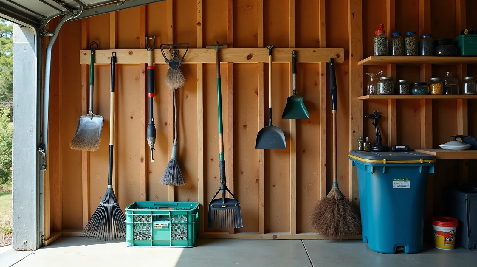 An organized garage wall with rakes and a broom hanging from a wooden rail, wall-mounted crates holding gear, and jars of hardware under a shelf