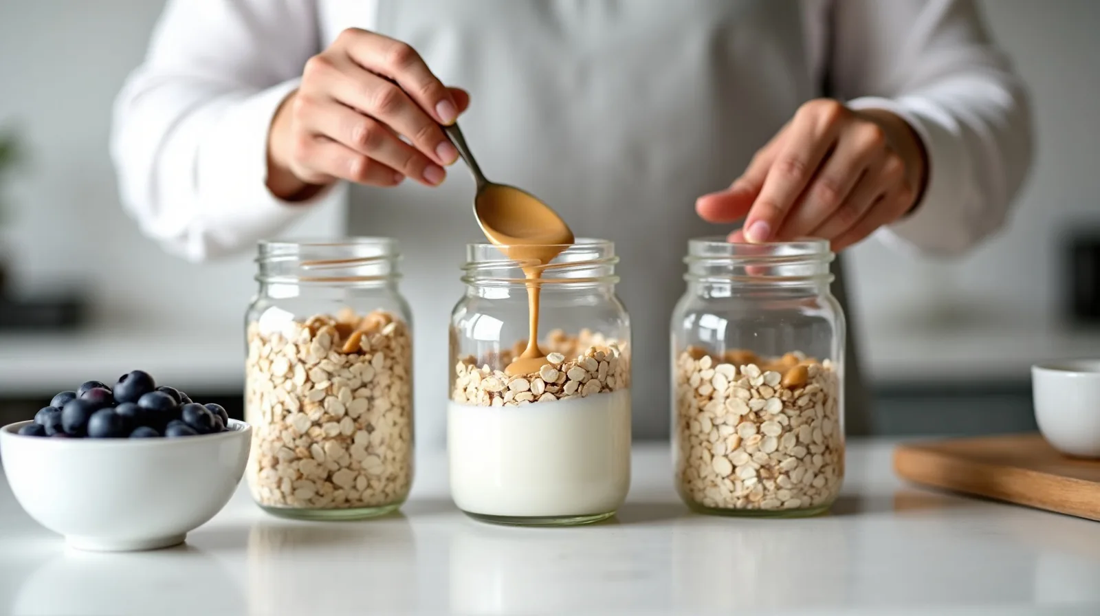 Hands stirring peanut butter into a glass jar of overnight oats on a counter with three finished jars and a bowl of blueberries nearby