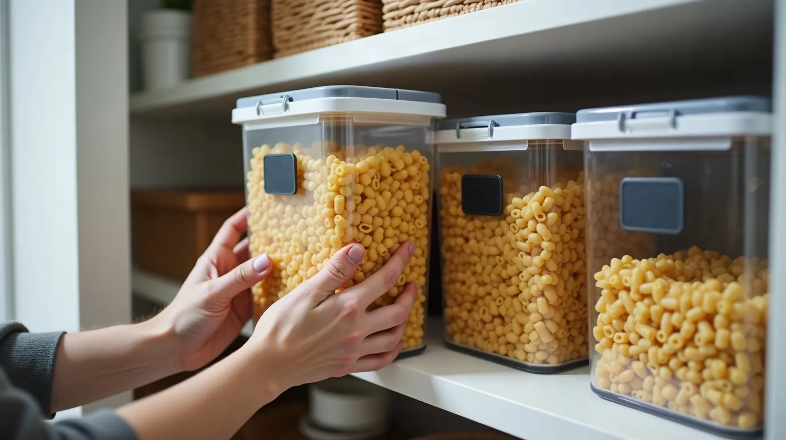 Hands placing a clear labeled bin of pasta onto a pantry shelf already lined with matching bins and woven baskets, a small chalkboard label clipped to the shelf edge