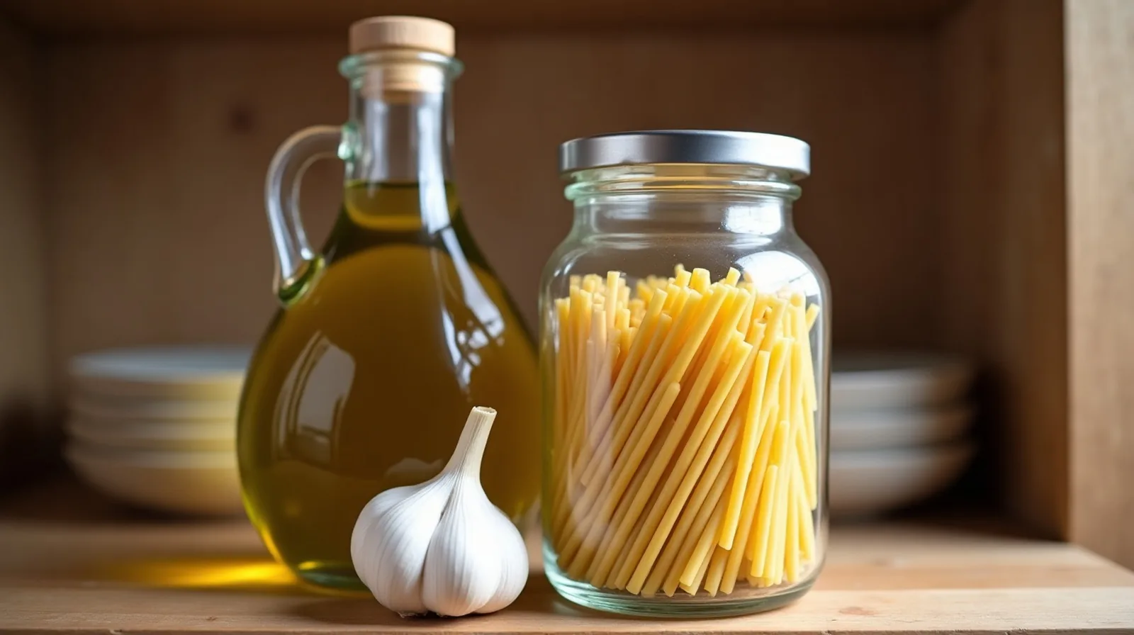 A glass jar of dried pasta and a bottle of olive oil at the front of a wooden pantry shelf with a head of garlic