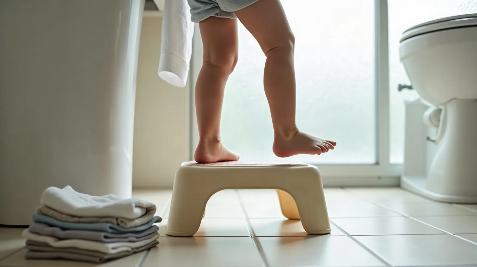 A small step stool positioned at a bathroom sink with a child's bare feet stepping up onto it from behind, a stack of folded training pants and a compact potty seat insert resting nearby on the tile floor, a plain hand towel on a low hook