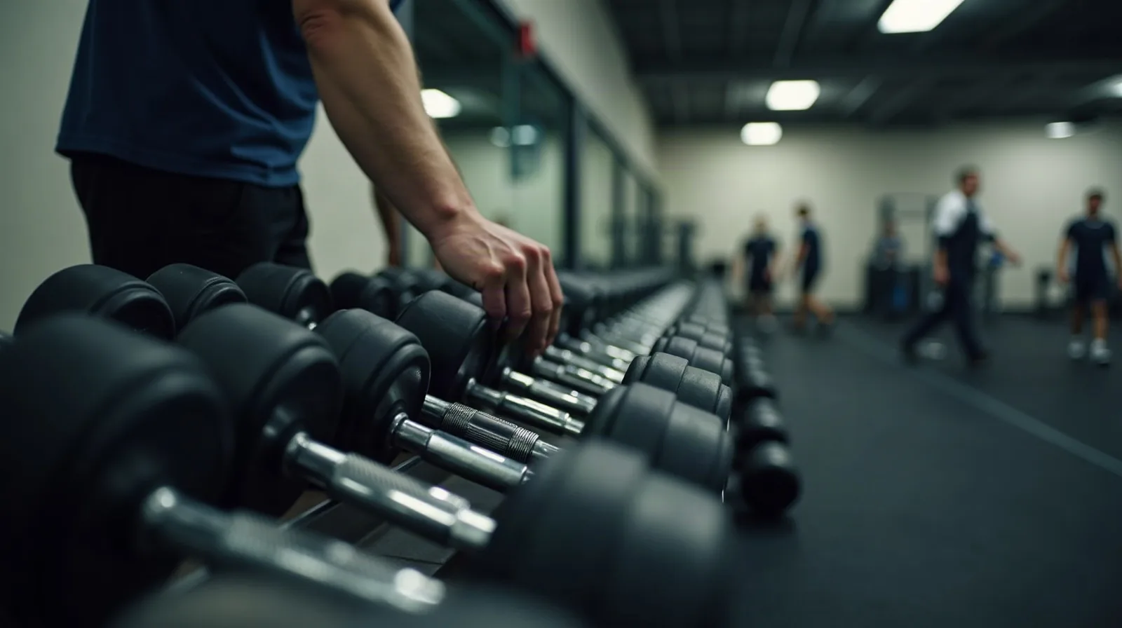 A person viewed from over the shoulder in a bright gym selecting a heavier dumbbell from a rack arranged by ascending size, a full row of dumbbells receding into the background