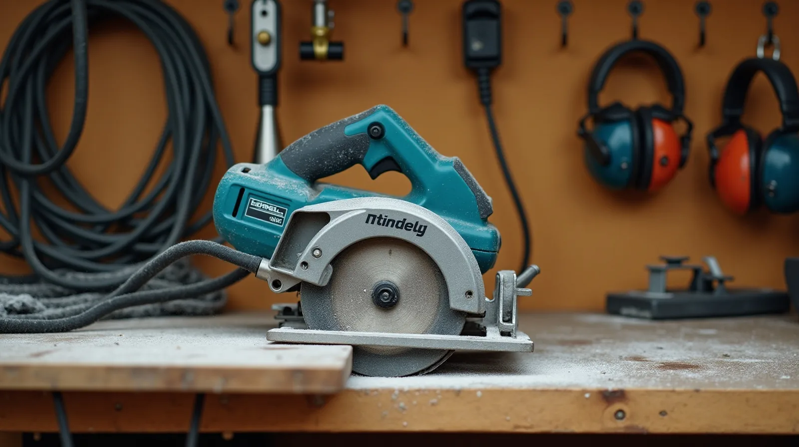 A cluttered garage workbench holding a circular saw on a half-cut plank, sawdust across the surface, and over-ear protective earmuffs hanging on a pegboard hook next to a coiled extension cord