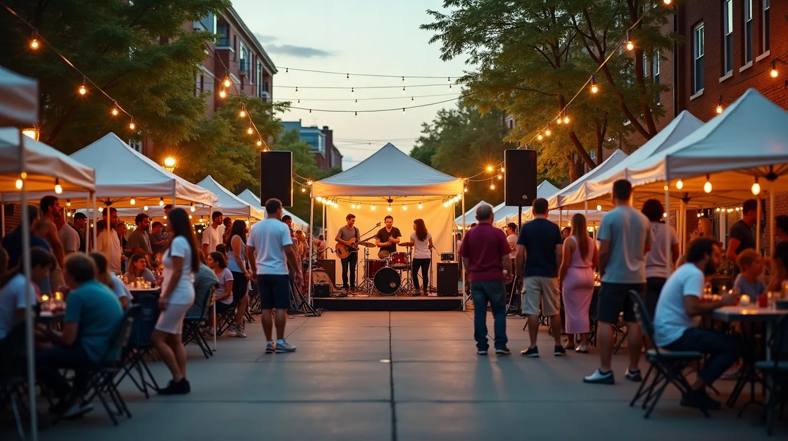 A wide view across a busy neighborhood block party where a band plays under a canopy at one end while people stand and talk among folding tables, with speaker stacks flanking the small stage