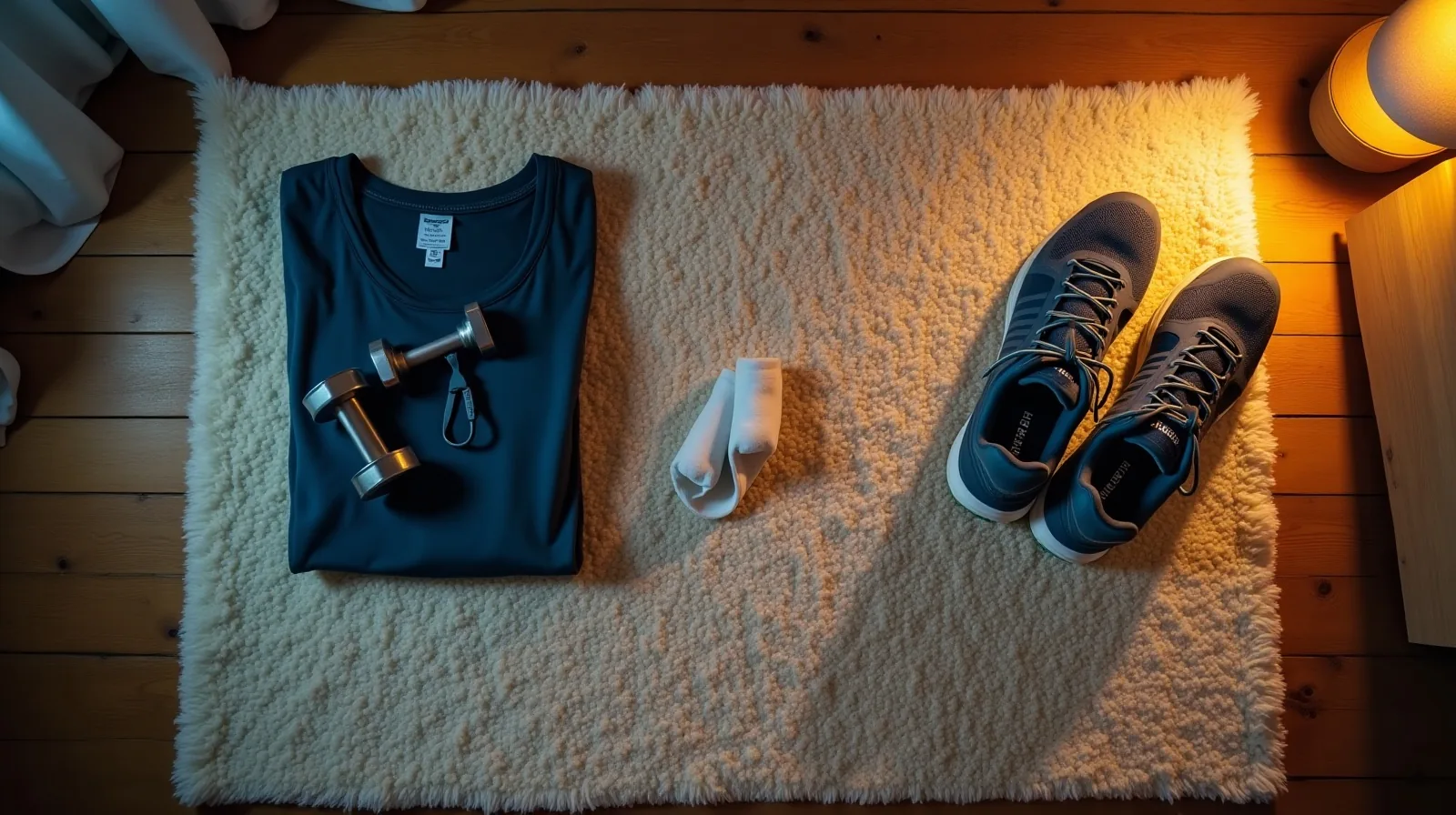Overhead view of workout clothes, small dumbbells, a resistance band, a rolled mat and sneakers laid out on a bedroom rug