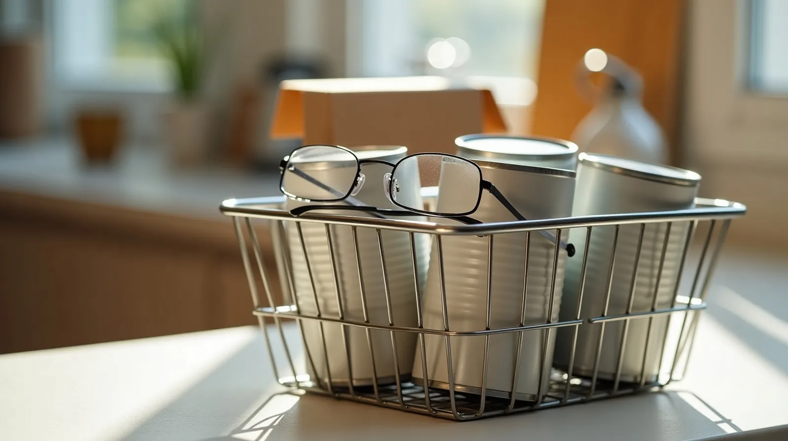 Reading glasses resting on a wire grocery basket holding plain canned goods and a boxed item on a kitchen counter