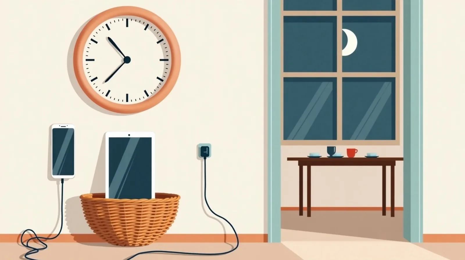 Flat illustration of a phone and tablet standing in a charging basket beneath a wall clock, with a set dinner table and a crescent moon in the window beyond
