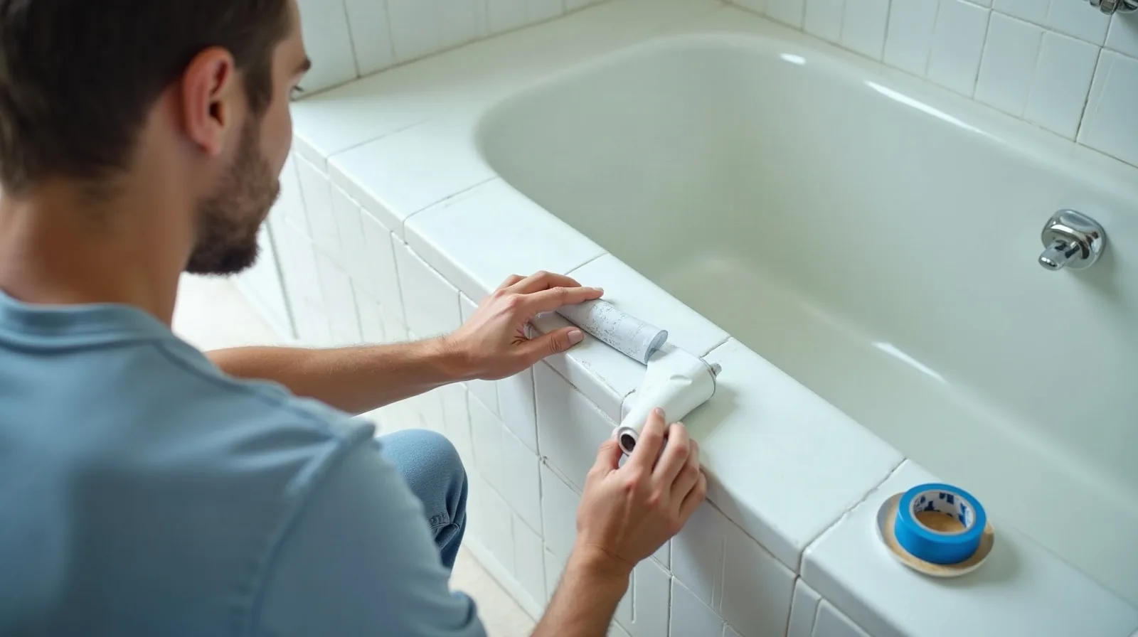 A person kneeling at the edge of a white tiled bathtub in a bright bathroom, seen over the shoulder, hands working a tube and applicator along the seam where the tub meets the wall, with a roll of blue painter's tape resting on the tub rim