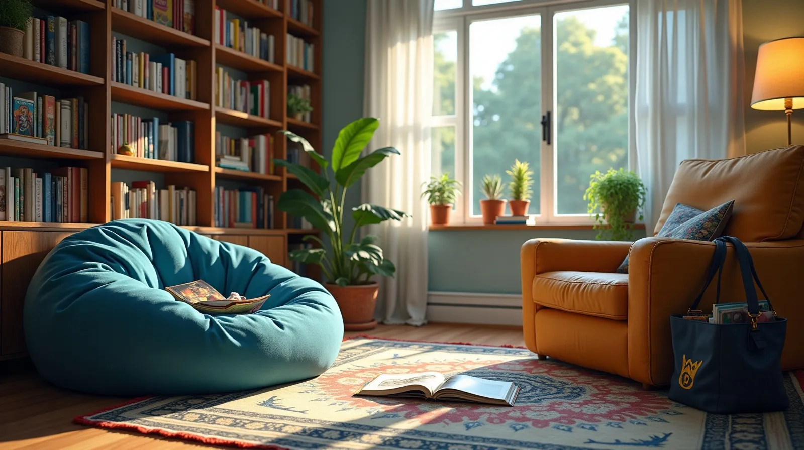 A wide view of a sunlit family room reading corner with a beanbag, a low shelf of comics and picture books, an open graphic novel face down on the rug and kid-sized headphones on a chair arm