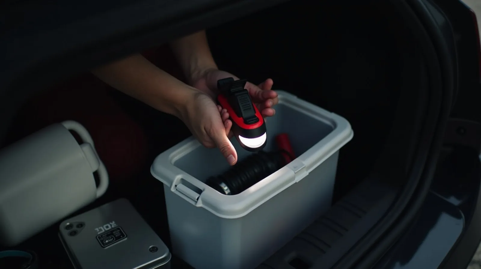Hands lifting a headlamp out of an open plastic bin in a car trunk packed with coiled jumper cables, a tire pressure gauge, duct tape, a dented first-aid tin and a water jug