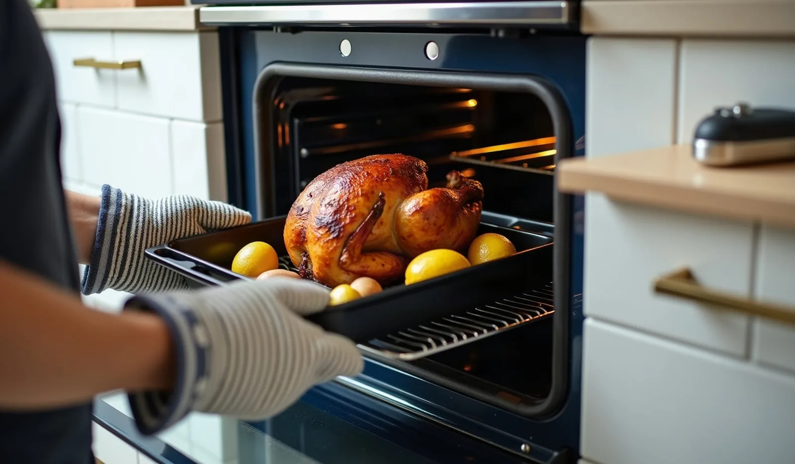 A person seen from the side in striped oven mitts lifting a roasting pan with a golden whole chicken, lemon halves and small potatoes out of an open oven in a bright white-tiled kitchen