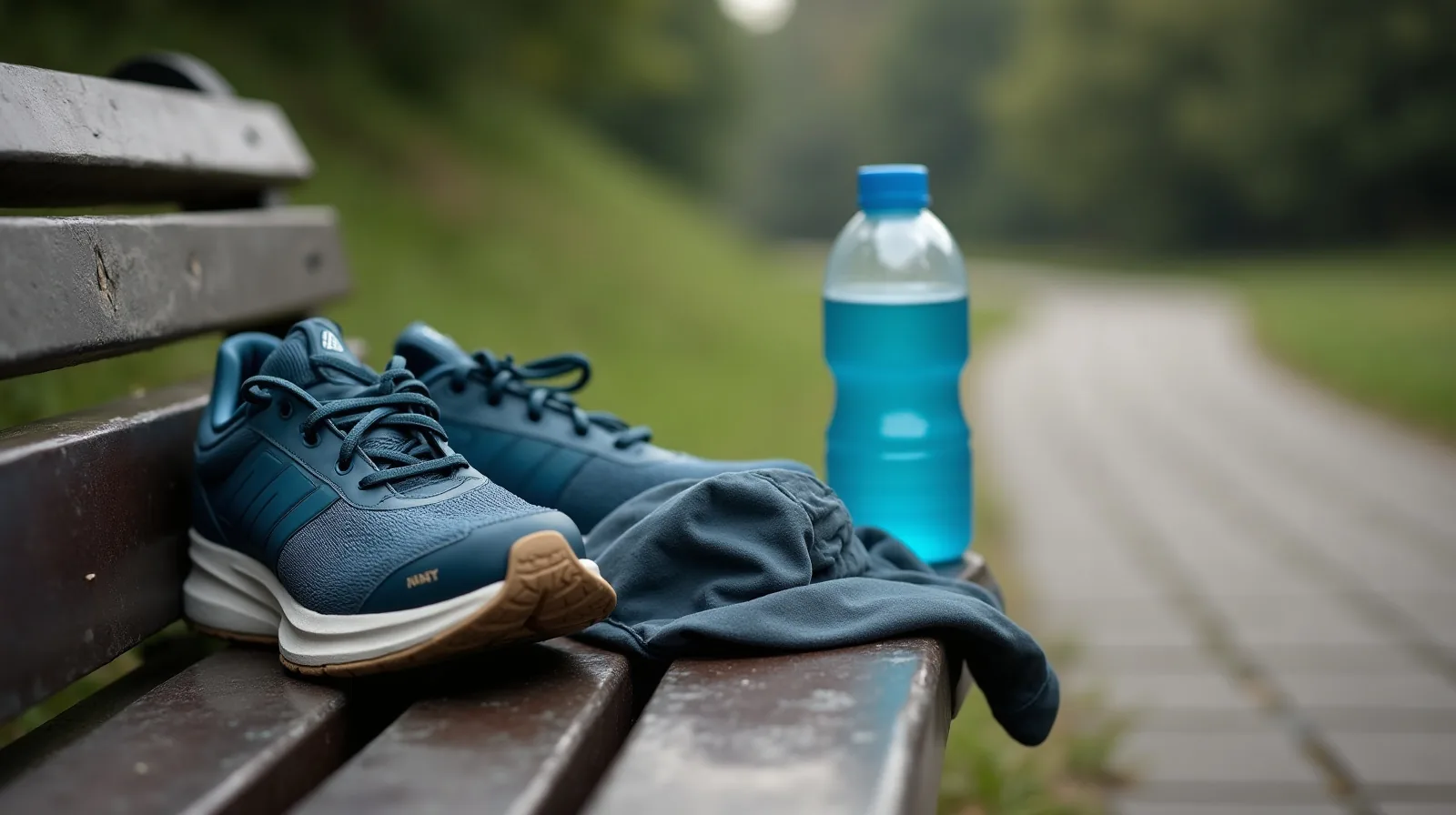 Worn running shoes, a crumpled cap and a half-full water bottle left on a park bench beside a folded jacket, with a paved path curving away behind