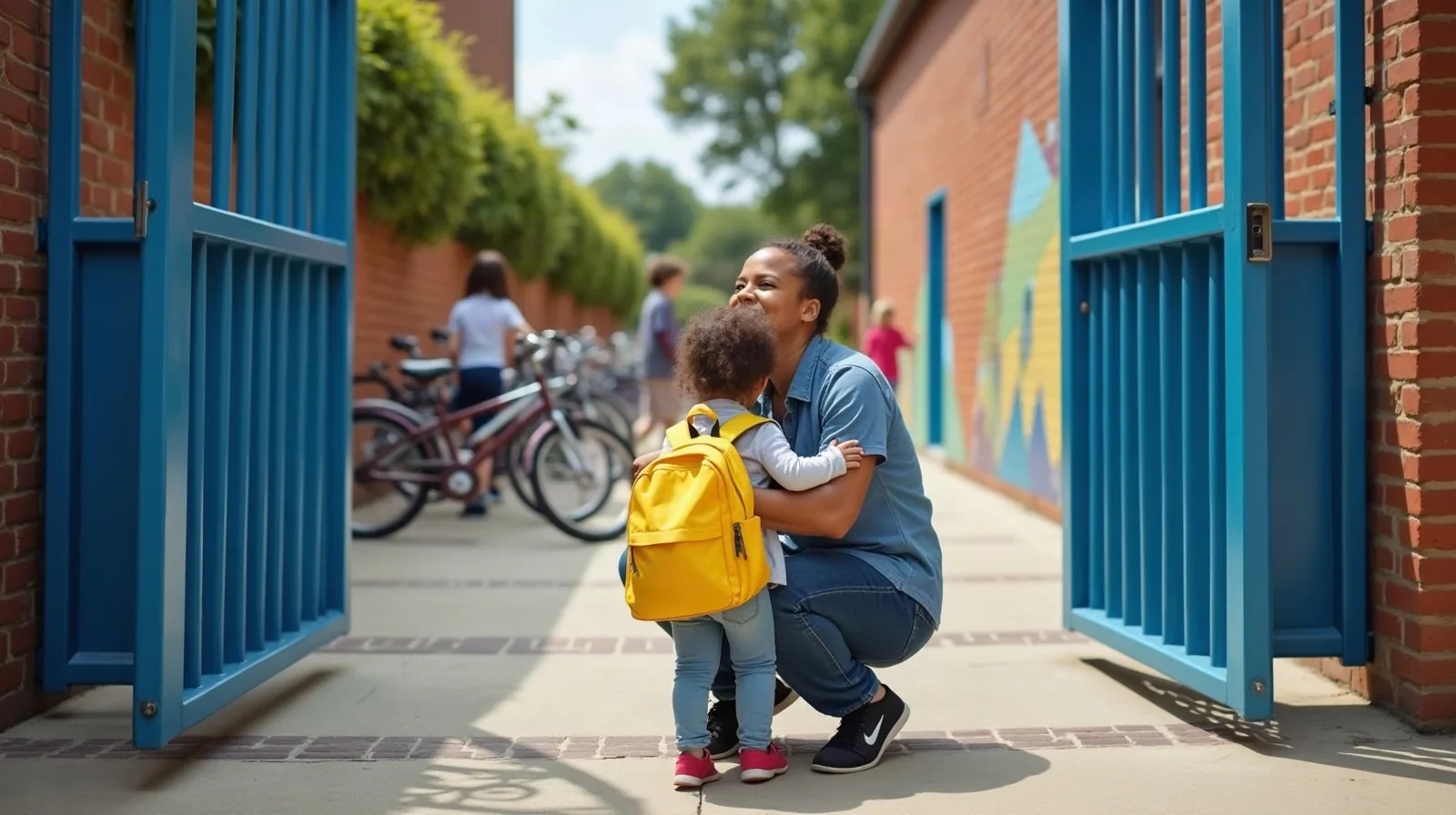 A parent crouching at a school gate to give a small child with a yellow backpack a reassuring hug, both seen from behind, with a bike rack and painted fence beside them