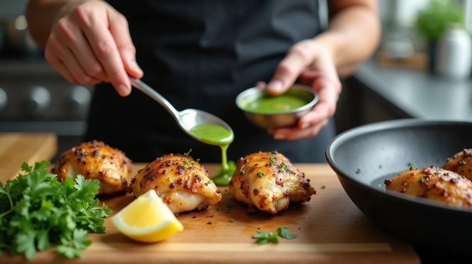 Hands whisking a vivid green herb sauce in a small bowl beside chopped parsley, a squeezed lemon half and a skillet of seared chicken