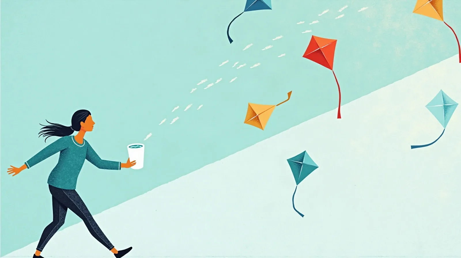 An illustration of a person calmly carrying one full cup of water across a room while many small paper kites pull outward on strings in different directions around them