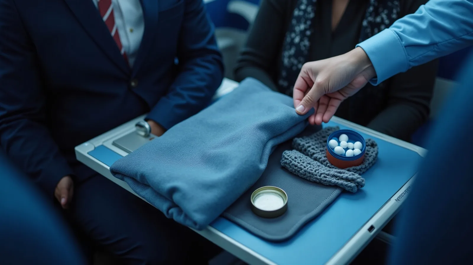 An airplane tray table holding a folded neck pillow, an eye mask, foam earplugs in a tin, a water bottle and a rolled scarf, with a hand reaching for the mask.