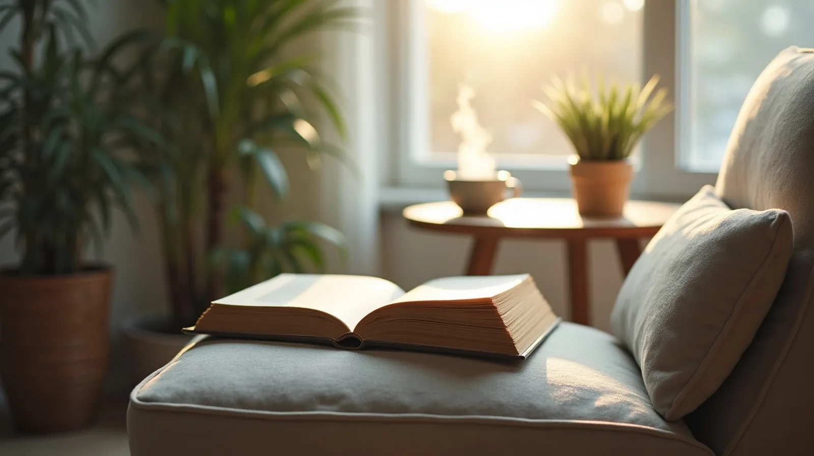 An open paperback resting face-down on the arm of an armchair beside a bright window, a steaming mug on a side table