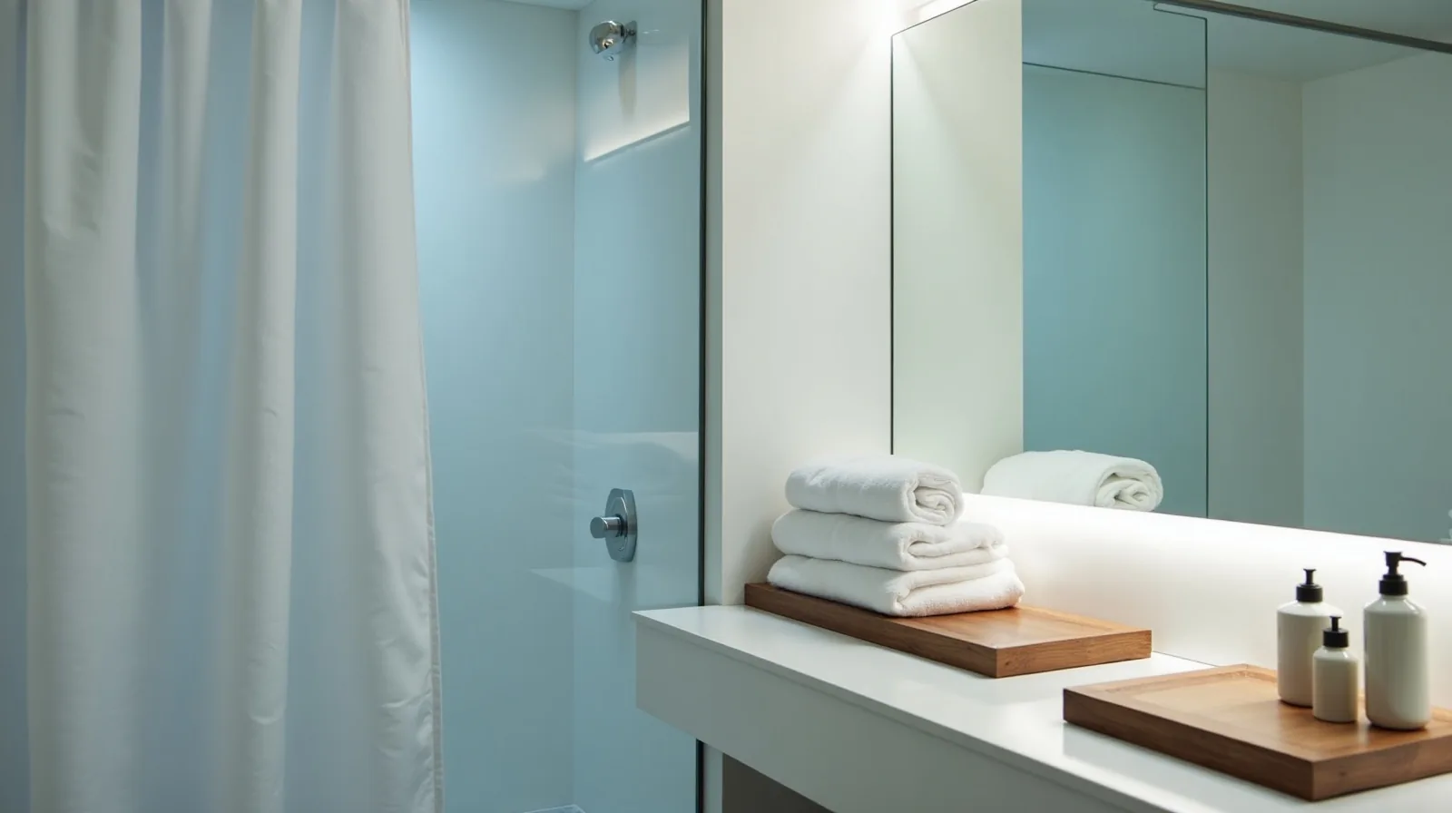 A compact bathroom with a wide frameless mirror spanning the vanity, a clear shower curtain pushed open, folded towels on a floating wooden shelf and a single tray of bottles on the counter