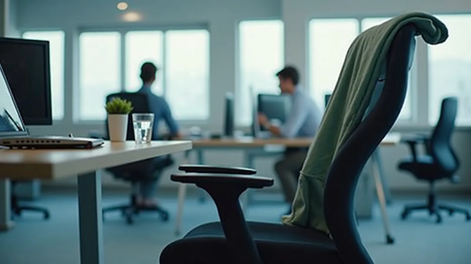 An empty office chair rolled back from a desk with a cardigan on its backrest and a small water glass on the desk edge
