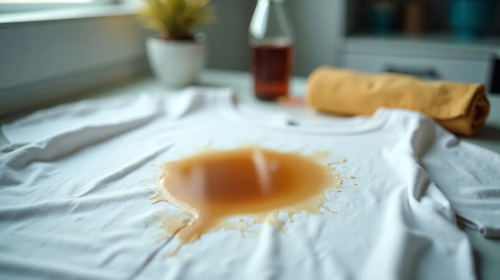 A white shirt spread on a counter with a fresh coffee stain, a folded cloth pressed at its edge and a bottle of dish soap beside it