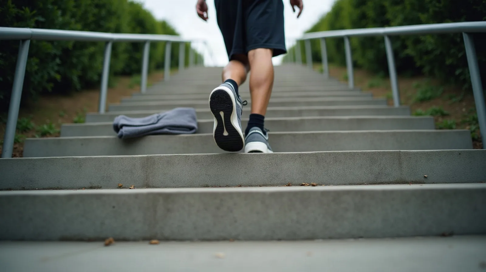 A low view of a person's athletic shoes and lower legs mid-step on wide concrete outdoor stairs, a steel handrail along one side and a folded towel resting on a step above
