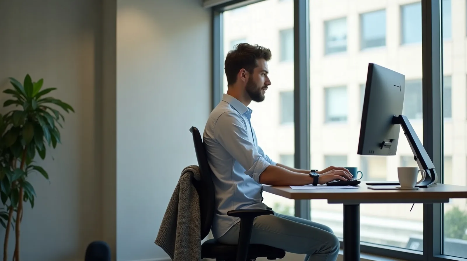 A person seen in profile working at a raised standing desk in an open office, shifting weight to one leg while typing beside a stack of papers and a mug