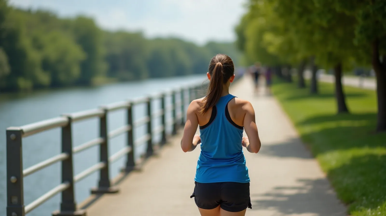 A runner seen from behind taking a walking break on a paved river path