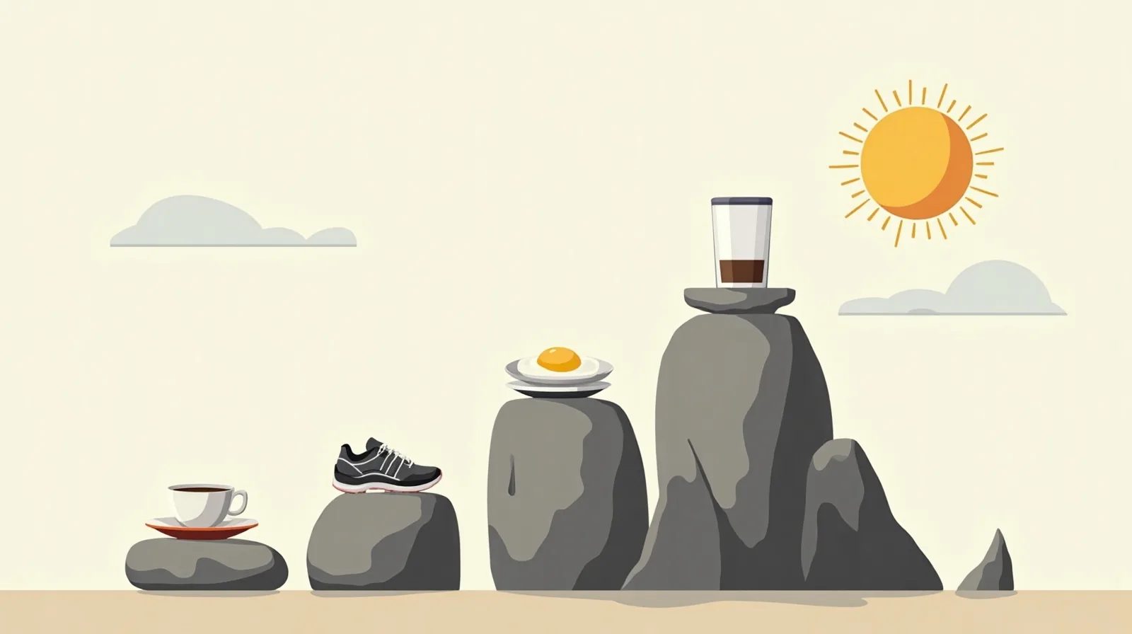 Flat illustration of a rising path of stepping stones marked by a sun, a water glass, walking shoes and a breakfast plate, with a lone coffee cup beside a jagged falling spike
