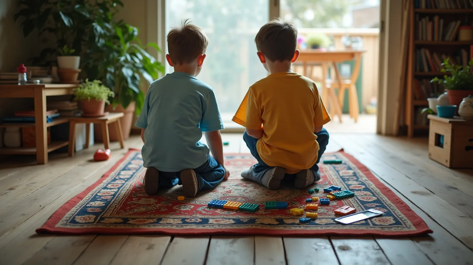 Two children seen from behind kneeling on a rug beside a half-built marble run, with loose building bricks, a snap-together circuit board and a magnifying lens scattered around them