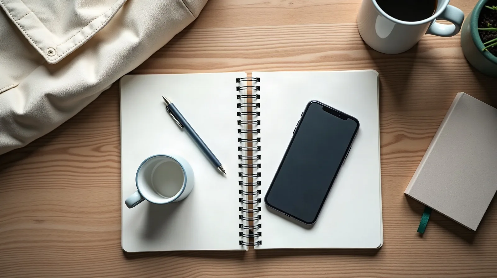 An overhead flat-lay of a wooden desk with an open spiral notebook holding a blank page, a pen resting across it, a smartphone with a dark blank screen lying on the notebook, a white mug, a small potted plant, a closed tan notebook and a folded canvas bag at the edges