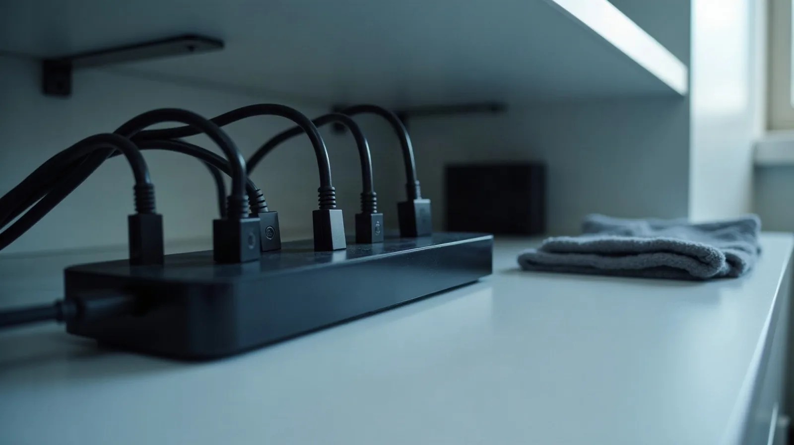 A power strip on a shelf beneath a media console with several plug adapters and streaming sticks plugged in, their cables arcing overhead, beside a folded grey cloth