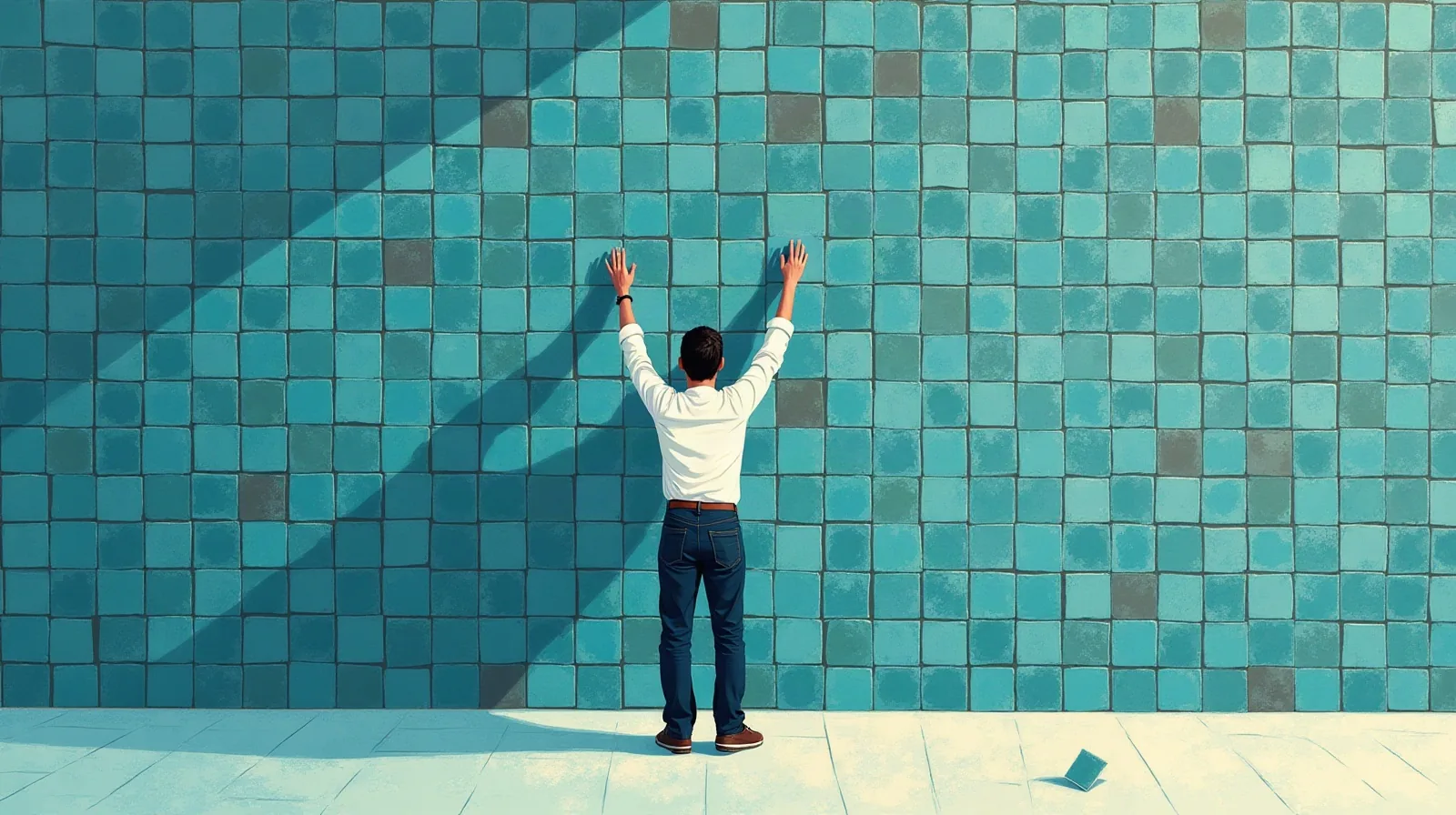 A flat illustration of a person seen from behind reaching up at a tall wall of many small identical tiles, with one loosened tile fallen to the ground beside them
