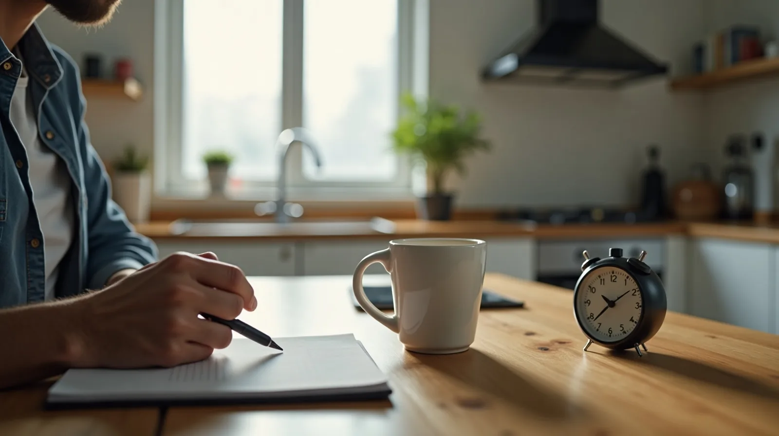 Over-the-shoulder view of a person at a cleared kitchen table with a mug of coffee, a kitchen timer and a blank notepad