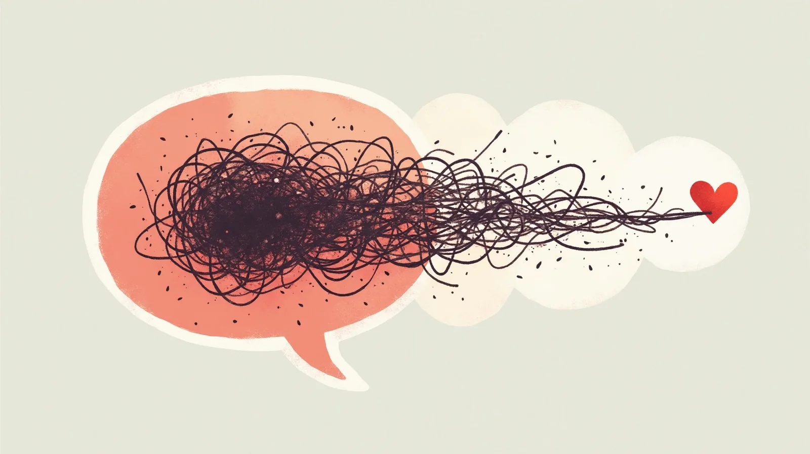 Flat illustration of a tangled storm cloud unwinding through a coral speech bubble into one smooth line that ends in a small heart