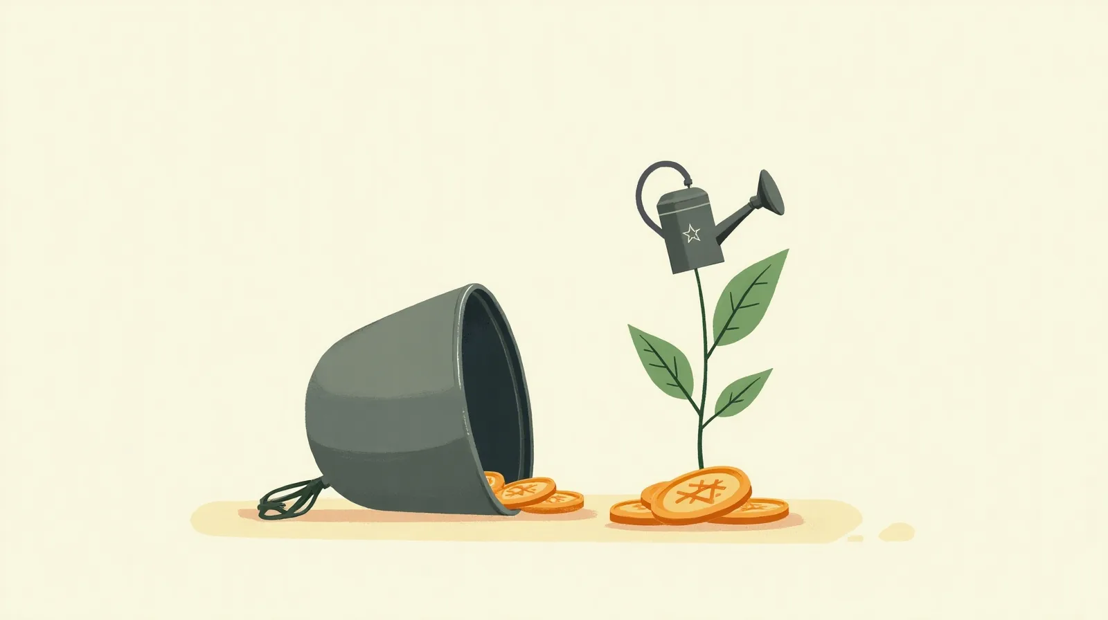 Flat illustration of an open coin purse spilling a trail of coins with a leafy sapling sprouting from the farthest coin beneath a tipped watering can