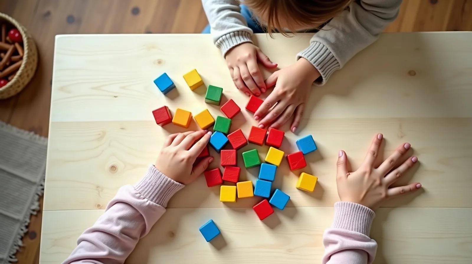 Two children's hands at a pale wooden table seen from directly above, scattered colorful wooden blocks between them, a woven basket of extra blocks at the table edge
