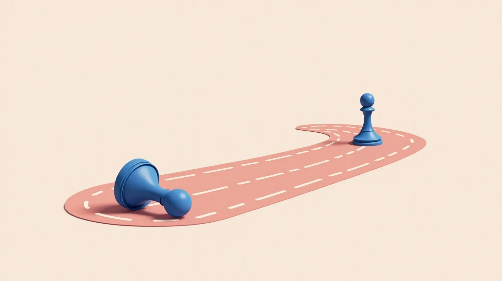 A flat illustration of a game board path with one upright playing piece ahead and one tipped-over piece behind it, with a looping path leading back onto the board