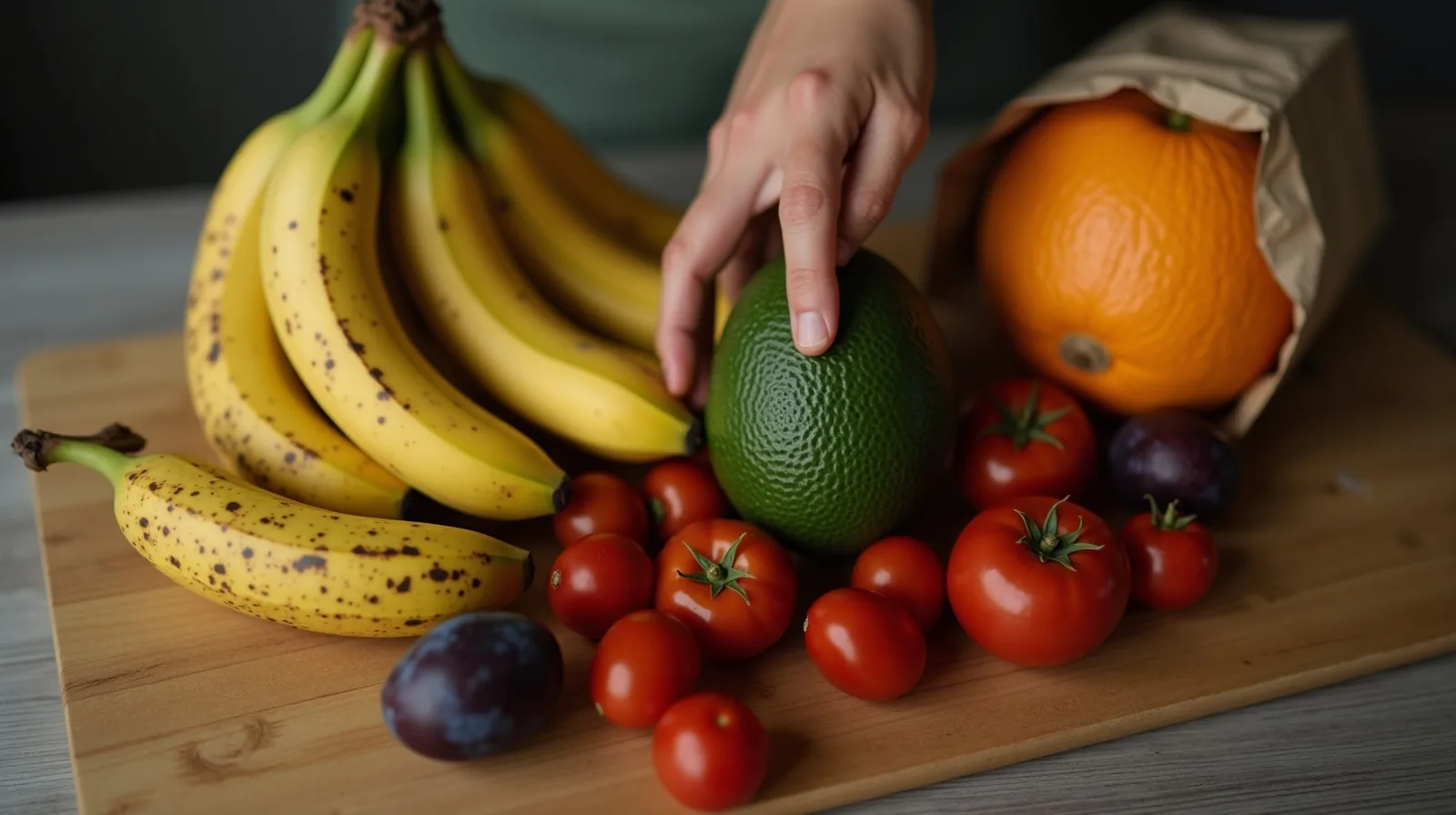 A hand pressing the shoulder of an avocado on a scratched wooden board crowded with speckled bananas, a cut melon, tomatoes on the vine and loose stone fruit