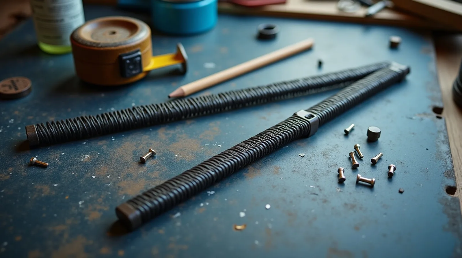 Two spring-loaded tension rods laid on a scratched workbench beside an open tape measure, a spare rubber end cap, a pencil and a small spray bottle of cleaner