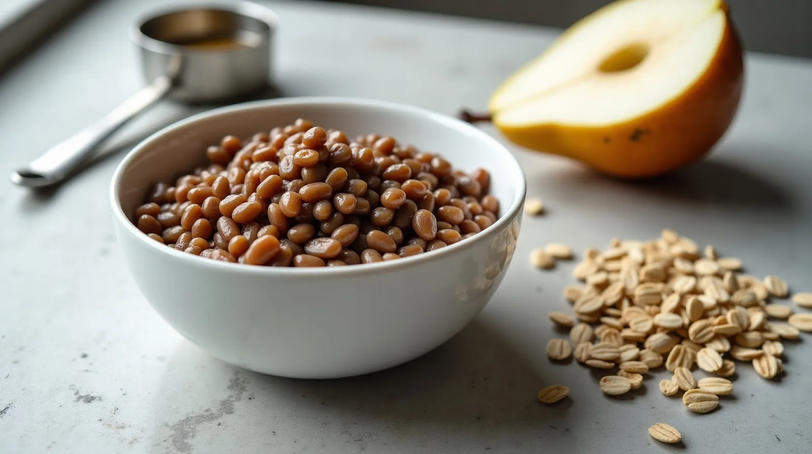 A close view of a white bowl of cooked lentils and a halved pear with the skin on, resting on a scratched stone counter beside scattered oats and a worn measuring spoon