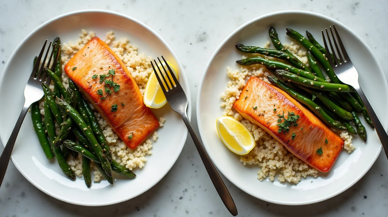 Two plates of seared salmon with green beans and couscous set across from each other on a small table