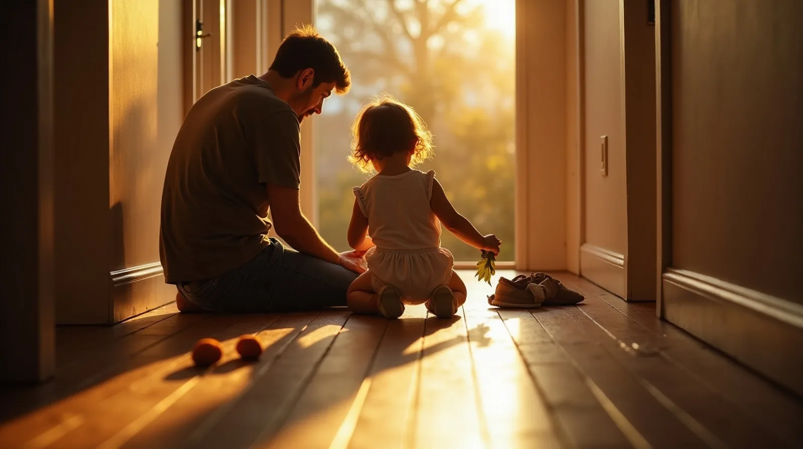 A parent kneeling on a hallway floor beside a toddler seen from behind, the child holding up a wet leaf among scattered shoes and a dropped mitten